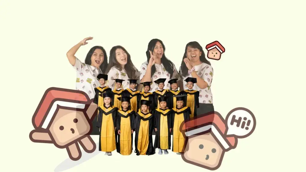 Teachers and graduated preschool and kindergarten kids having fun together